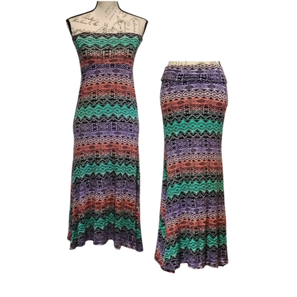 Strapless Geometric Tribal Maxi Dress Convertible Maxi Skirt S/M‎ Bodycon Boho